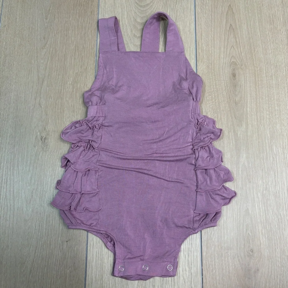 LOT OF 2 Kate Quinn 2T Bamboo Ruffle Bubble Romper Set Mauve Purple Geometric
